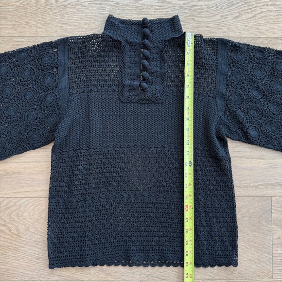 Sheer Black Crochet Mock Neck Long Sleeve Button Up Blouse Top Boho Small - Picture 9 of 15